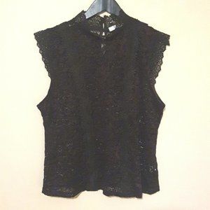 Suzy Shier black lace sheer mock neck cap sleeve blouse